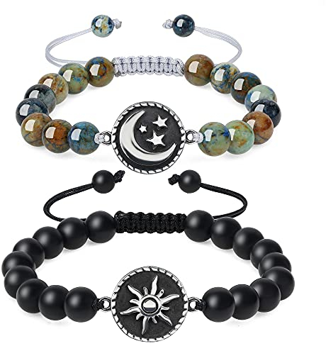 COAI Geschenkideen Ying Yang Armbänder aus Mattem Onyx und Azurit mit Sonne und Mond Charm für Paare
