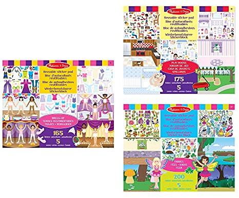 Melissa & Doug | Pack mit 3 | wiederverwendbare Sticker-Blöcken – Ankleiden, Feen und Spielhaus