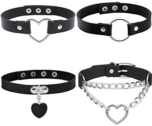 Conruich 4 Stück Leder Choker Damen Herz Anhänger Choker Einstellbar PU Leder Halskette Set Metall Ring Halsband Schwarz Punk Rock Gothic Halsband Kragen mit Kreis Herz für Frauen Zubehör