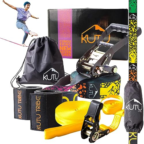 Kutu Tribe Slackline – 18.3 m Slackline Kit mit Baumschutz, Slack-Linien für Hinterhof für Kinder und Erwachsene, Pro Slack Line