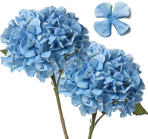 2 Piezas de hortensias Artificiales, Flores Artificiales con Tallos de impresión Digital Falsa Flor Seca decoración del hogar para Cocina para Sala de Estar, Oficina, Azul