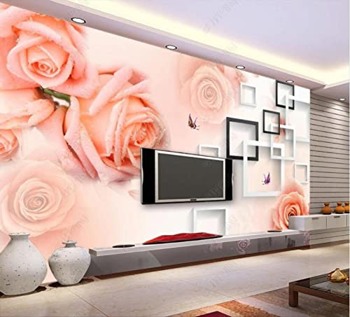 Wesmilewallpapaer Photo Wallpaper 3D Pink Romantic Rose Butterfly Creative Black and White Geometric Frame Photo Frame 300x210cm Wall Paper Mural Poster