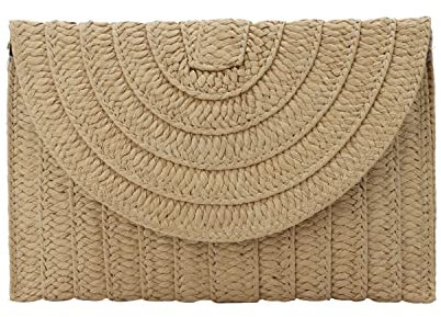 Syrads Bolso de paja para mujer - Bolso de mano de verano tipo sobre de playa, Caqui