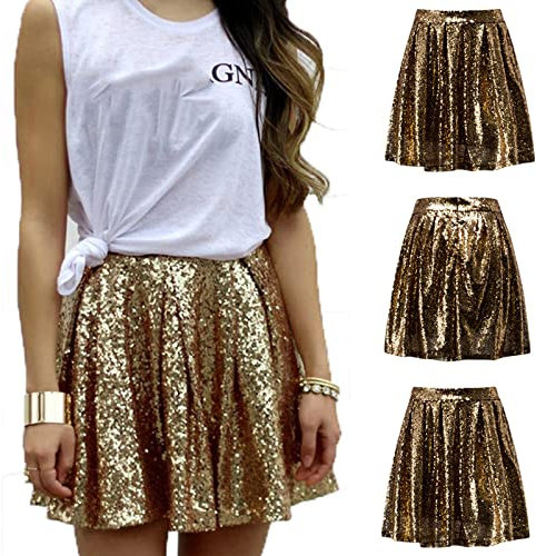 Paillettenrock Faltenrock Gold Rock Plisseerock Shiny Metallic Minirock Glitzer Kurz Rock Party Club Kostüm Faltenrock Mädchen Mini Tanz Tutu Hohe Taille Bauchtanz Kurzer Rock (Gold, XXL)