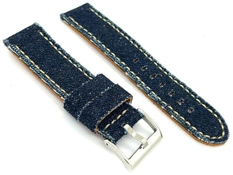 diloy Textil Uhrenarmband Jeans Denim ausgefranst Lederfutter flach sportlich – Größen 18mm 20mm 22mm 24mm 390 Navy Blau 24mm