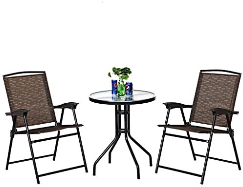 ZYMEN 3-teiliges Bistro-Terrassen-Gartenmöbel-Set, 2 Klappstühle, Glastischplatte, Stahl, runder Tisch Commemoration Day