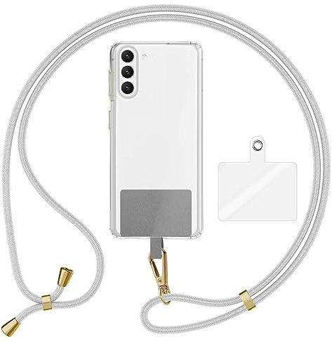 Kaliroo Universal Umhängeband mit 2 Pads & Karabiner-Haken (Gold Metall), Verstellbare Crossbody Handy-Kette 160cm lang für Handyhülle, Befestigung für Smartphone Schlüssel Ausweise, Farbe:Hellgrau