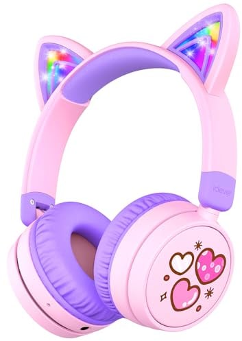 iClever Bluetooth Kopfhörer Kinder, 60 Stunden Spielzeit, Katzenohren mit LED-Leuchten, Sichere Lautstärke 74/85dBA, Bluetooth 5.3, USB C Aufladen, Eingebautem Mic für iPad, Tablets, Reisen, Geschenk
