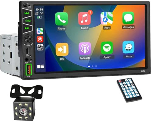 Autoradio simple DIN 7, CarPlay sans fil et Android Auto sans fil, autoradio à écran tactile avec caméra de recul 8 LED Bluetooth, lien miroir, charge rapide, EQ, TF USB Type C avec télécommande