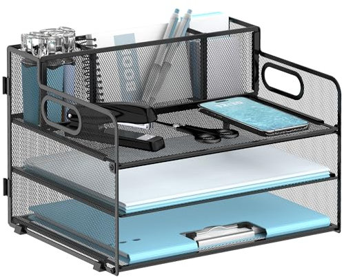 JMHUD Schreibtisch-Organizer mit 3 Ebenen, mit Stifthalter, Netz-Papierablage, Akten-Organizer für den Schreibtisch, faltbarer Halter mit Griff für Büro, Klassenzimmer, Zuhause, Arbeitsplatz (schwarz)