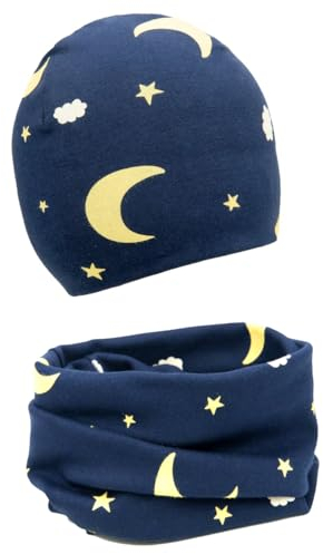 FORUHOO Baby Mädchen Beanie Mütze + Schlauchschal 2er Set, Wintermütze für Jungen Mädchen Baumwolle(Halbmond mit Sterne,49-53)