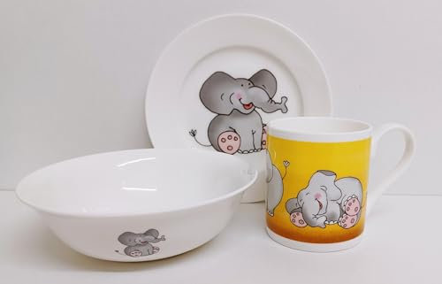 Happy Little Elephant Breakfast Set 3 Pieces Plate Mug & Cereal Bowl Fine Bone China Kids Children Set Hand Decorated UK