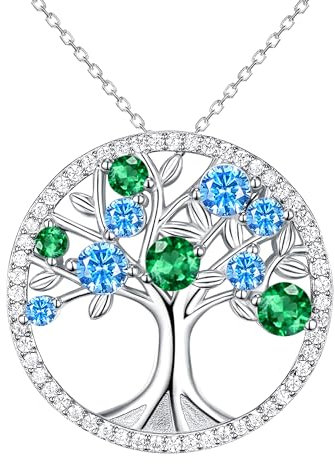 JUZICHEN Collier Arbre de Vie en Argent Sterling 925, Collier Arbre de Vie en Zirconium Vert, Avec Boîte Cadeau, Collier Arbre de Vie Femme, Pendentif Arbre de Vie, Convient Aux Femmes (Bleu Vert)