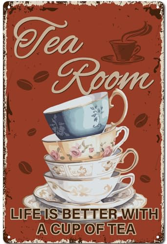 CREATCABIN Letrero Chapa Salón Té Cartel Metal Retro Tazas Té Vintage Placas Arte Galería Carteles Pared Colgar En el Hogar Decoración Al Aire Libre Salón Té Cocina Jardín 30x20 cm Vida Es Mejor Una