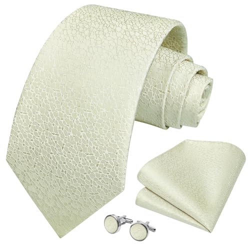 HISDERN Champagner Krawatten für Männer Hochzeit Seide Gewebte Krawatte mit Pocket Square Manschettenknöpfe Set für Abschlussball