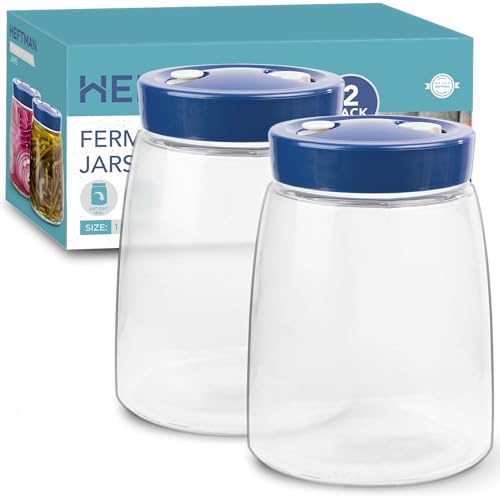 HEFTMAN Jäsningsburk med 1-vägs luftutsläppsventil – 1,4 liter, 2-pack – perfekt för säker jäsning för Kefir, kimchi, surkål, surdegsstartare, havre över natten – jäsningsburkar x 2 (blå)