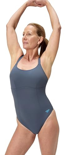 Speedo Women's Shaping CroSback Swimsuit | Swim FitneS | Soft Feel | Premium Swimwear, Grey Lead/Black, 40