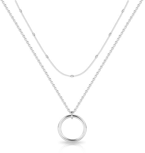 Silber 925 Halskette Layered Damen, Kette Layered mit Runder Anhänger Mehrreihige Halskette Hypoallergene Personalisierte Kette Modeschmuck Halskette für Frauen