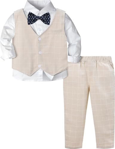 mintgreen Ensemble Bébé Garçon, Vêtements Mariage Enfants Hommes Gilet Ensemble Chemise Manches Longues Carreaux, Kaki Clair, 18-24 Mois, 90