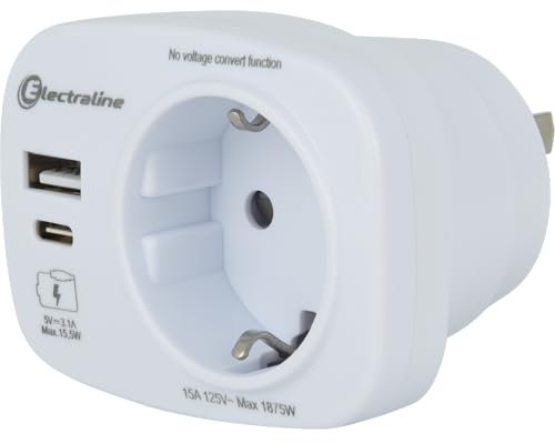 Electraline 70036 Reiseadapter USA, Deutschland Stecker, USA Adapter Steckdose mit 2 USB (A+C) Max 15.5W