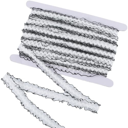 CABODYALS 25 m Schwarze Und Weiße Spitzenborte Elastisches Band Mit Rüschenrand Gewellter Dehnbarer Stoff Floraler Tüll Bestickte Nylonbänder Zum Nähen Herstellen von Kleidern Applikationen Verzierung