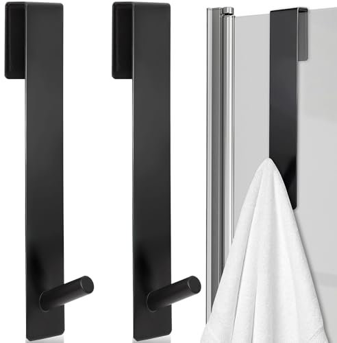 TUYOBG 2Pcs Glass Door Shower Hooks, Stainless Steel Extended Bathroom Towel Hooks with EVA Pad, No Drilling Hanging Hook Heavy Duty Bathroom Hanger for Frameless Glass Shower Door