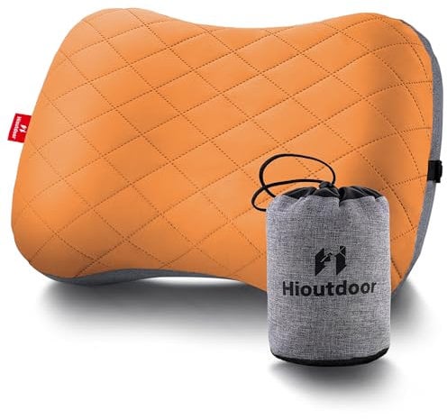 Hioutdoor Oreiller Gonflable pour Camping avec Housse Amovible - Coussin d'Air Ergonomique pour Voyage, Plage et Extérieur - Confortable - Orange