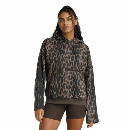 adidas Women's Seasonal Essentials Leopard Print French Terry Hoodie with 3-Stripes, Multicolor/Earth strata/Shadow Brown, S