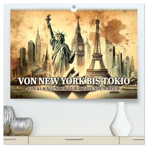 Von New York bis Tokio - Ein KI-Kalender für Weltenbummler (hochwertiger Premium Wandkalender 2026 DIN A2 quer), Kunstdruck in Hochglanz: Weltreise in Pinselstrichen (CALVENDO Orte)