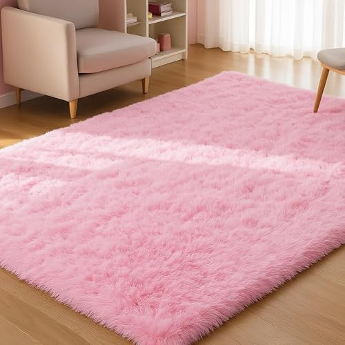 XSIVOD Hochflor Teppich Hellrosa 200x230 cm, Weicher Teppich Wohnzimmer | Waschbarer flauschiger Hochflor Teppich, rutschfeste Matte für Schlafzimmer, Kinderzimmer und Büro, moderner weicher Teppich