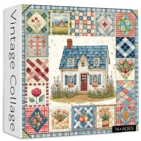Patchwork Puzzles für Erwachsene 1000 Teile, PICKFORU Vintage Collage Puzzles Haus, Retro-Frühlingsblumenmuster-Puzzle als Wanddekoration