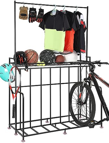 KEMIMOTO 4-Fahrradständer mit Stauraum-Organizer, 3-fach verstellbarer Fahrradständer für Fatbike-/Rennrad- und Roller-Parken, Aufbewahrungsstation für Trikots/Fußbälle mit Kleiderbügel, Haken