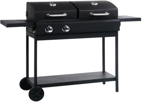 Gas- und Holzkohle-Grill mit 2 Brennern, Holzkohlegrillwagen mit 3 Regale & Rädern, Großer Stauraum, Leicht zu bewegen, 148,5 x 53 x 101,5 cm Schwarz Stahl