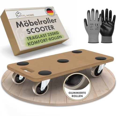TTL HOME Möbelroller Scooter 58x30x11cm 250kg Traglast 360° Rollen drehbar | - Rollbrett Transportroller mit Gummirollen & 5 Anti-Rutsch-Pads Stabiler Rollwagen für schwere Gegenstände Outdoor & Indoor