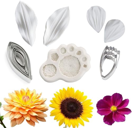 Stamens+ Petal Mould Sets x3 Dahlia+Sunflower+Cosmos Fondant Moulds 14pcs Petal Cutters+ Silicone Moulds Clay Cake Topper