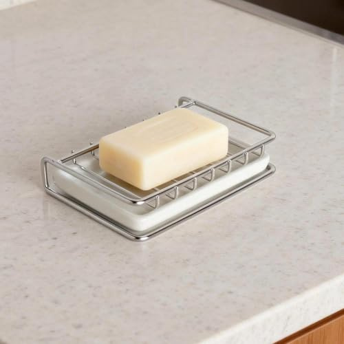 TMZELOA Seifenhalter mit Abtropfschale, 13 × 8 cm 304 Edelstahl Seifenschale für Bad und Dusche, schnell trocknende belüftete Seifenablage mit Keramik-Driptray, standfest für große Seifen bis