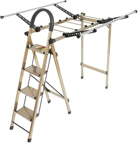 Kleiderständer aus Aluminium mit klappbarem Wäscheständer und Seitenflügeln. Mehrzweck-Wäscheständer für den Innenbereich und Haushaltsleiter für den Balkon. Gold-Finish. 5-Stufen-Leiter (Gold 4)