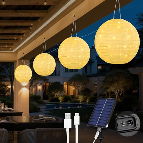 Tacobey Solar Lichterkette Lampions Außen, 【USB-aufladbar】 4 Stück 30cm Solar Laterne Wasserdicht Nylon, 4.5M 120 LEDs Gartenlaterne Dekorative Lampe Beleuchtung für Garten Hof Terrasse Hochzeit Deko