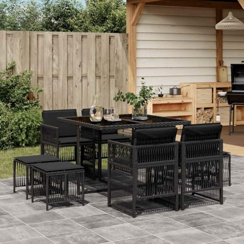 zylophax 9-TLG Garten-Essgruppe Schwarz Poly Rattan wetterfest mit abnehmbaren Kissen, pulverbeschichtetem Stahl, Glas-Tischplatte, platzsparend klappbar, ideal für Terrasse, Balkon