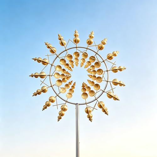 Windrad Garten Metall, Windspiel Garten Drehbare Blume, 3D Magische Windmühle wetterfest, Windspiele für Draußen Stehend, Gartendeko Windräder für Balkon, Landschaft Dekoration (Golden)