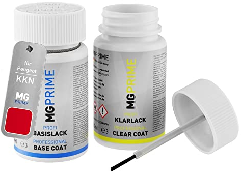 MG PRIME Autolack Lackstift Set für Peugeot KKN Rouge Aden/Nevada Rot Basislack Klarlack je 50ml