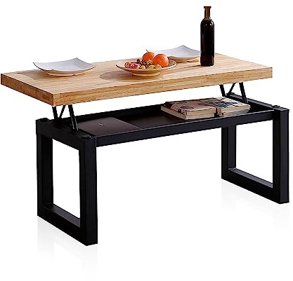 Adec Group duehome | Loft, Mesa de Centro Elevable, Mesita Comedor, Acabado en Roble y Negro, Medidas: 120 cm (Largo) x 60 cm (Ancho) x 47,5/62 cm (Alto)