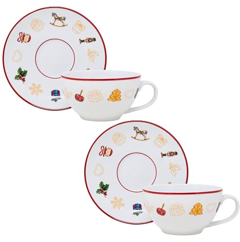 NAMAI - Set di 2 Tazze Natalizie con Piattino, Porcellana Resistente, 250 ML, 11 CM x 7 CM, Adatte in Lavastoviglie e Microonde, Idea Regalo, Set Colazione Natale (2 Jumbo + Piattino)