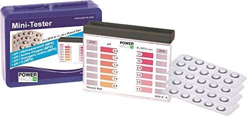 POWERHAUS24 Medidor de agua para piscina en caja de plástico estable para pH y oxígeno activo, con 40 tabletas, 20 x Phenol Red y 20 x DPD4