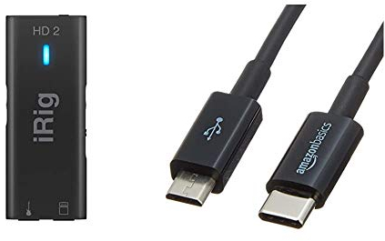 IK Multimedia iRig HD 2 - Gitarren-Schnittstelle, 96 kHz Mit 24-Bit-A/D-Umwandlung, Überragender Audioqualität & Amazon Basics - Verbindungskabel, USB Typ C Auf Micro-USB Typ B, 2.0, 0,9 m