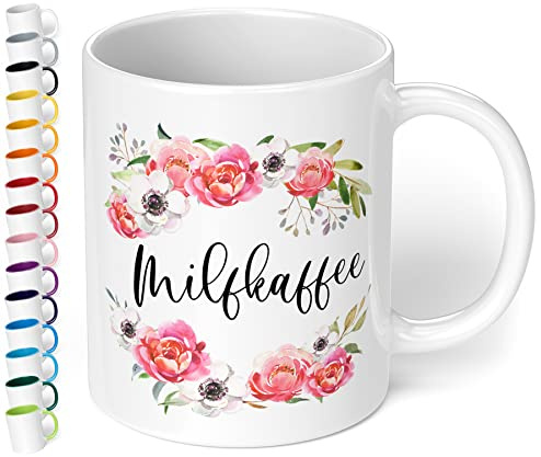 Lustige Tasse - Milfkaffee - 330ml Keramik Büro Kaffeetasse mit lustigem Spruch für Mütter - Geschenk Kollegen Geburtstag Weihnachten (Weiß)