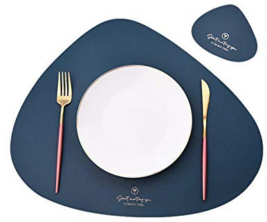 4er Set/6er Set Platzsets und Untersetzer Dreieck Oval Leder Tischset Wassertropfen Abwischbar Tischmatte Wasserdicht ölbeständig Rutschfestes Hitzebeständiges Platzsets (Navy blau,6er)