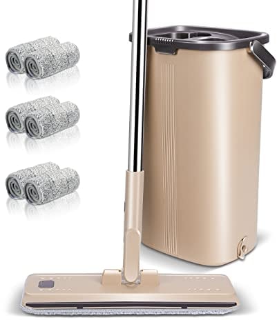 Myiosus Serpillière Seau Essoreur, Balai Serpillère Professionnelle avec Manche en INOX 134cm, Mop Serpillere avec 2 Compartiments, Balais Nettoyer Sol avec 6 Tampons en Microfibre