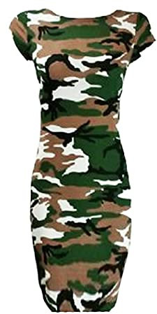 STAR FASHION Womens Cap Sleeve Bodycon Midi Dress Ladies Wiggle Pencil Round Neck Long Stretch Maxi Dress Plus Size Casual Party Wear Camouflage Green