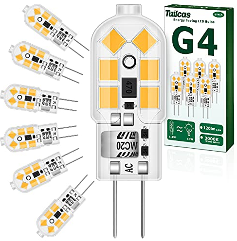 Tailcas G4 LED Bulbs 1.2W, AC/DC 12V, Warm White 3000K, Equivalent 10W G4 Halogen Lamp, 120LM, No Flickering Energy Saving Capsule Light Bulb for Home-Lighting